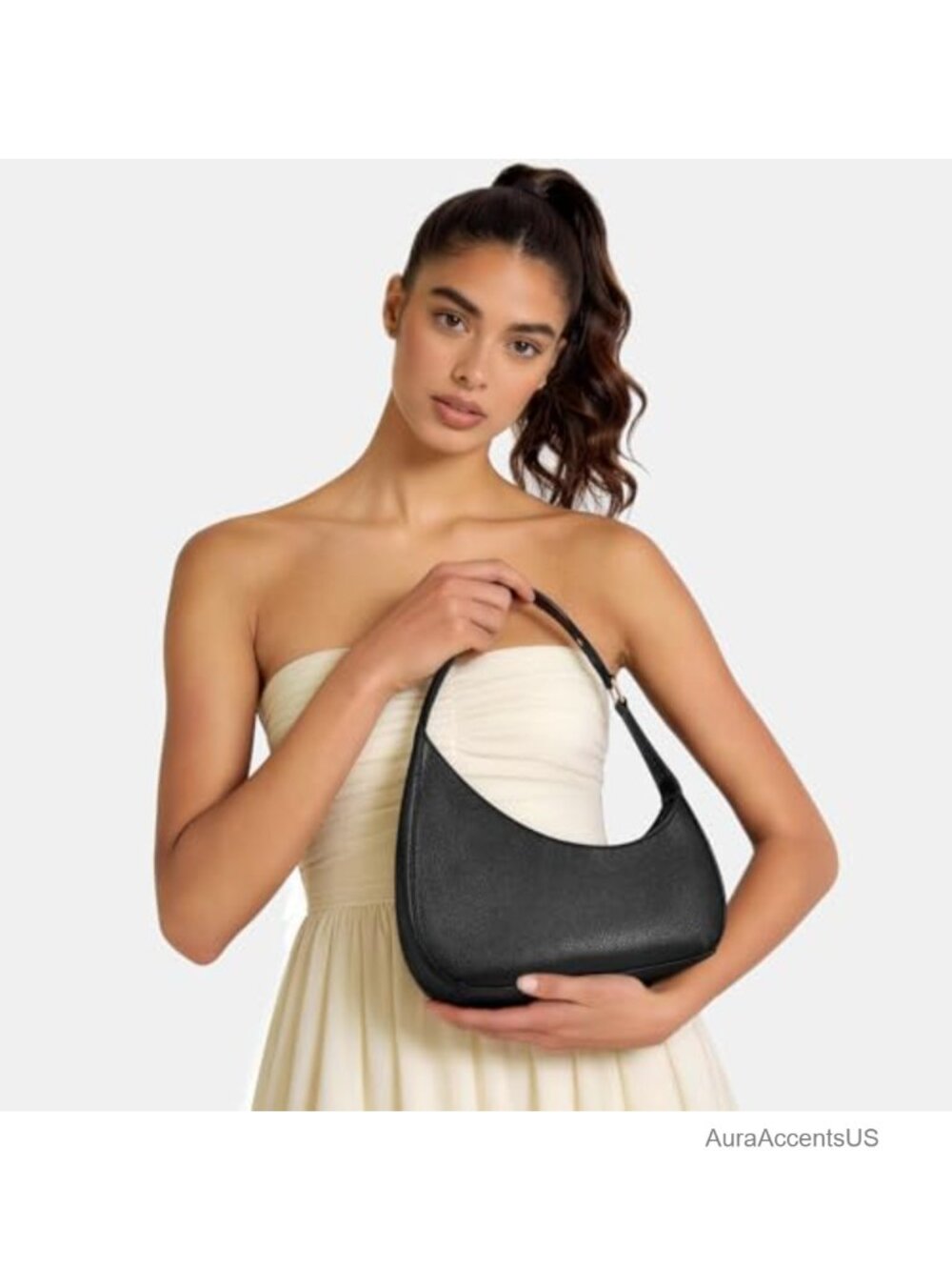 PU Leather Crescent Shoulder Bag with Zipper, Mini Handbag - Picture 2 of 6